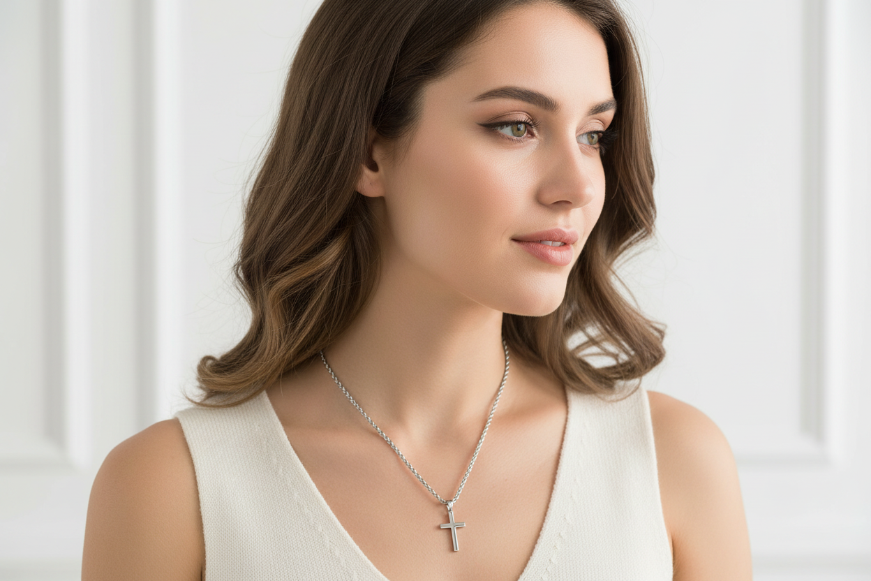 Silver Stainless Steel Cross Pendant Necklace with 24 Inch Chain and Hook Clasp