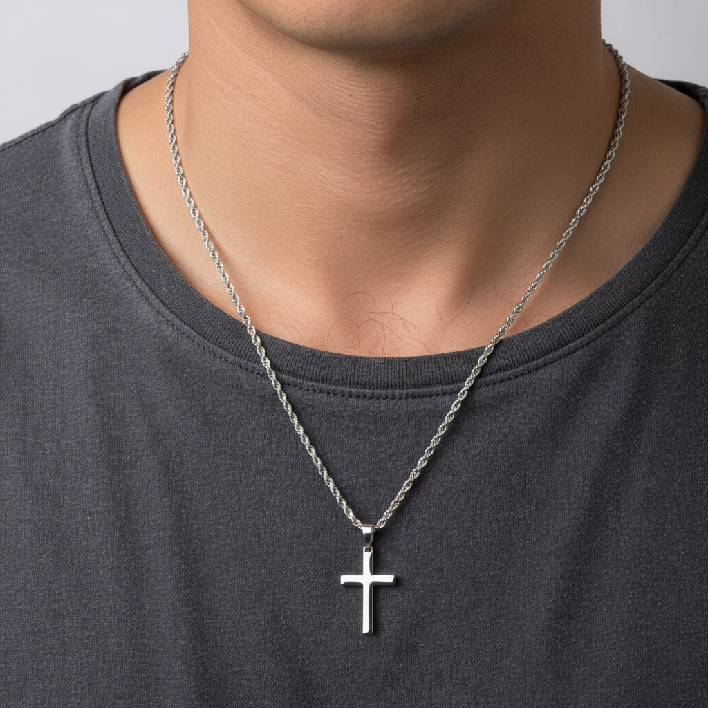 Silver Stainless Steel Cross Pendant Necklace with 24 Inch Chain and Hook Clasp