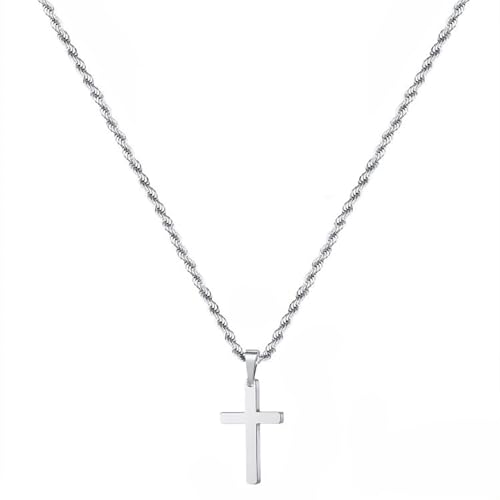 Silver Stainless Steel Cross Pendant Necklace with 24 Inch Chain and Hook Clasp