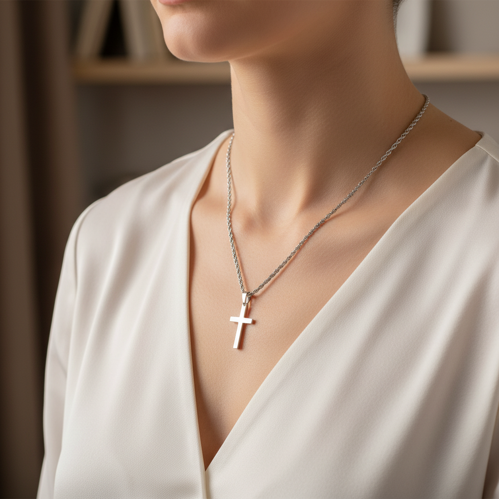 Silver Stainless Steel Cross Pendant Necklace with 24 Inch Chain and Hook Clasp