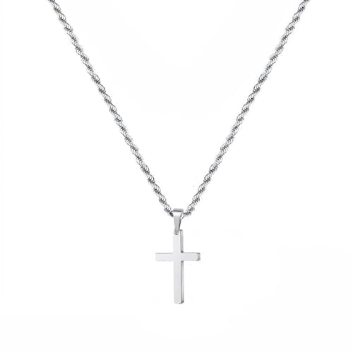 Silver Stainless Steel Cross Pendant Necklace with 24 Inch Chain and Hook Clasp
