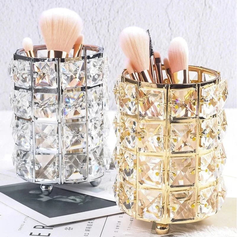Makeup Brush Holder with Crystal Beads and Stainless Steel Frame, Gold or Silver