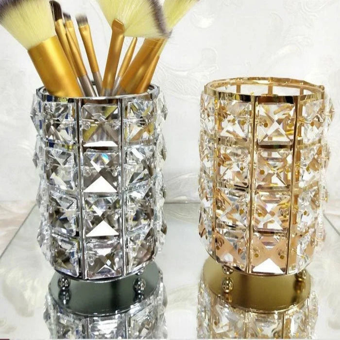 Makeup Brush Holder with Crystal Beads and Stainless Steel Frame, Gold or Silver