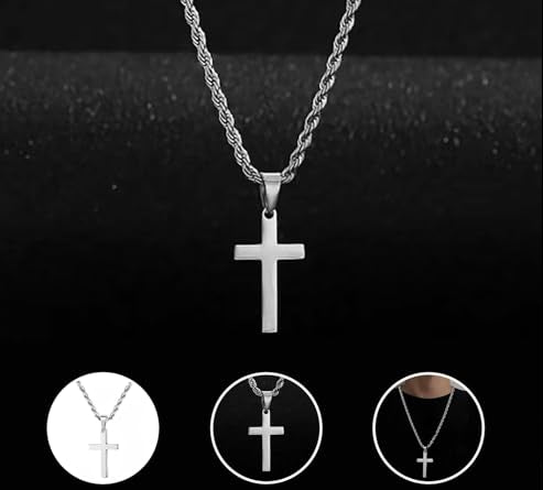 Silver Stainless Steel Cross Pendant Necklace with 24 Inch Chain and Hook Clasp