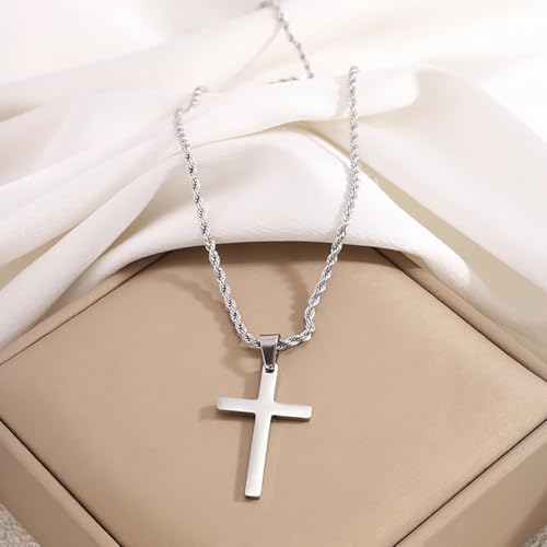 Silver Stainless Steel Cross Pendant Necklace with 24 Inch Chain and Hook Clasp