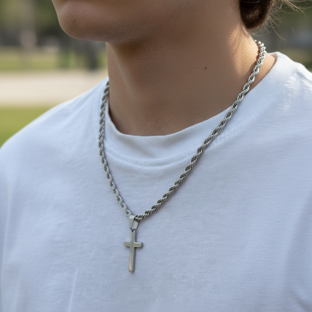 Silver Stainless Steel Cross Pendant Necklace with 24 Inch Chain and Hook Clasp