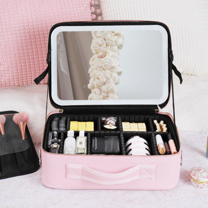 Makeup Organizer Case with Adjustable LED Mirror and Multiple Storage Compartments