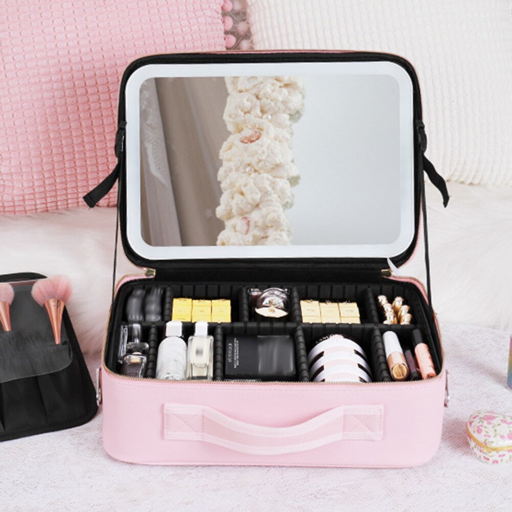 Makeup Organizer Case with Adjustable LED Mirror and Multiple Storage Compartments