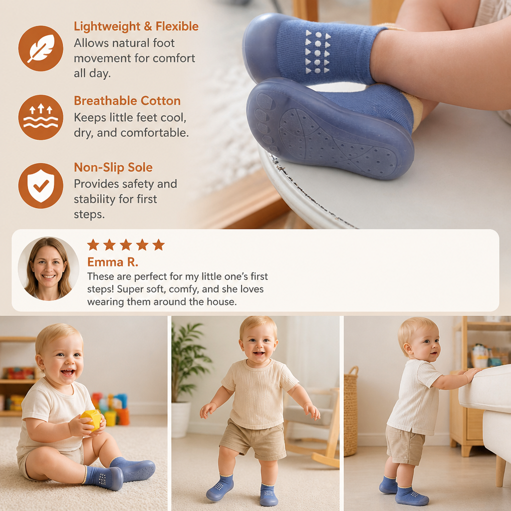 Baby Sock Shoes with Textured Grip Sole and Breathable Material for First Walkers