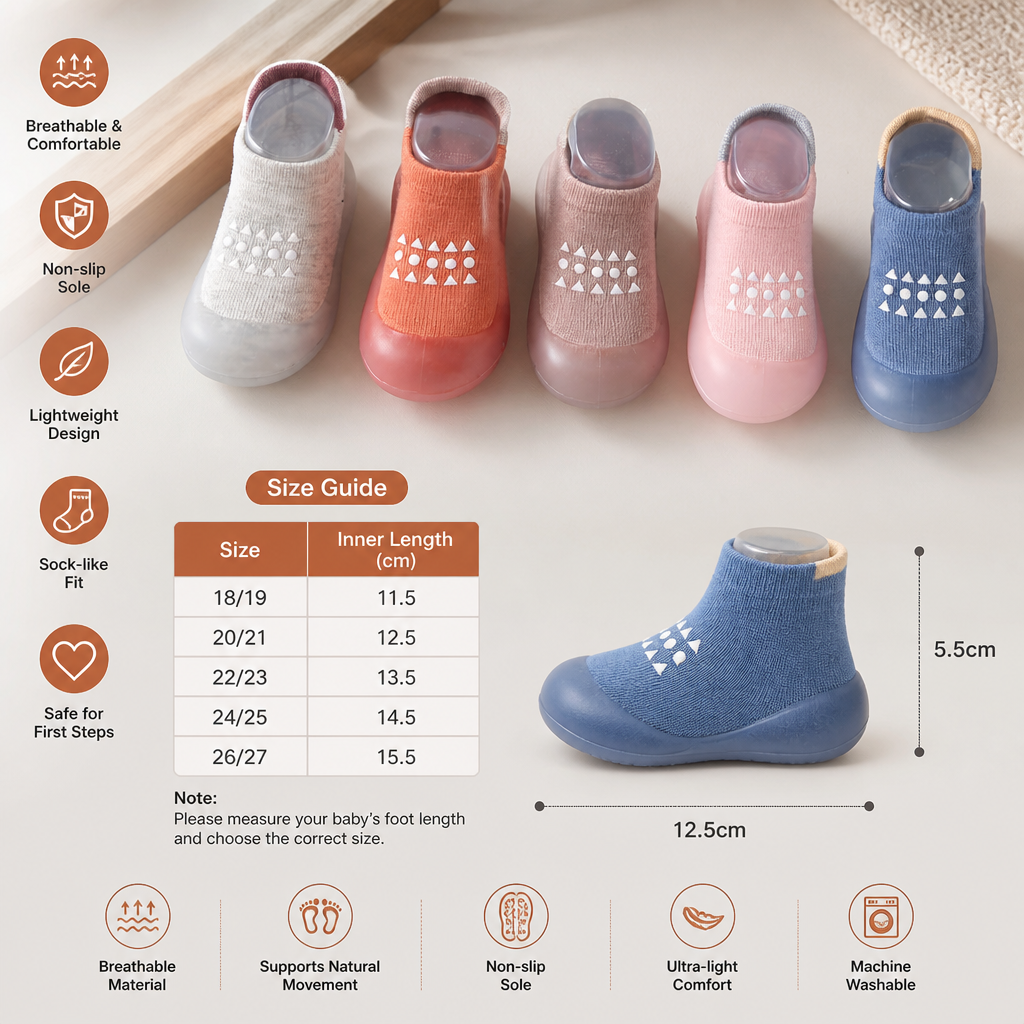 Baby Sock Shoes with Textured Grip Sole and Breathable Material for First Walkers
