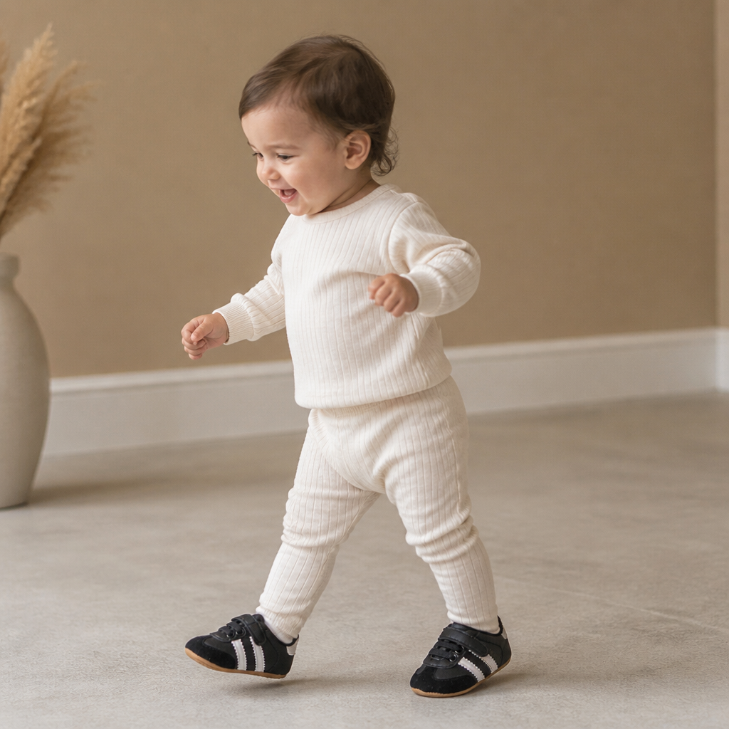 Soft Sole Baby Sneakers with Hook and Loop Strap and Side Stripe Design