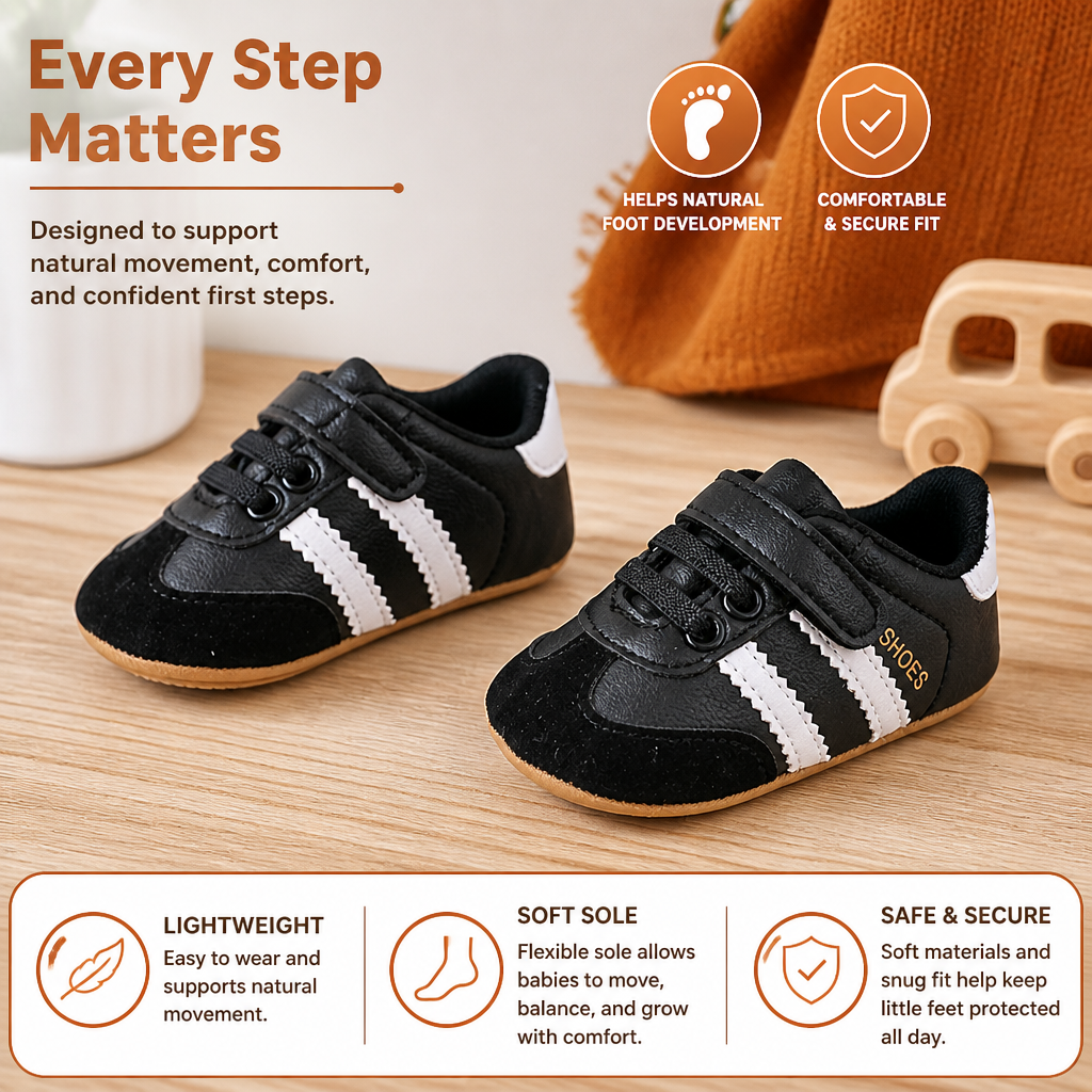 Soft Sole Baby Sneakers with Hook and Loop Strap and Side Stripe Design