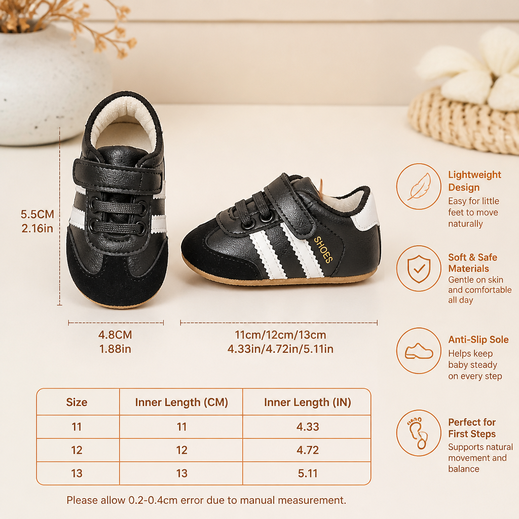 Soft Sole Baby Sneakers with Hook and Loop Strap and Side Stripe Design