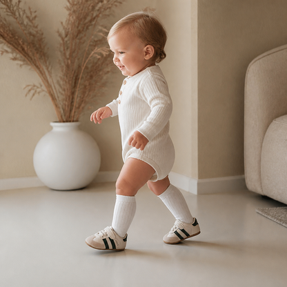 Soft Sole Baby Sneakers with Hook and Loop Strap and Side Stripe Design