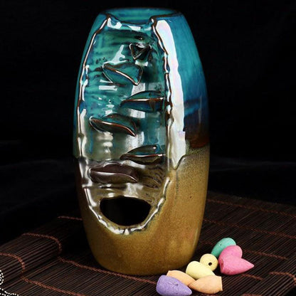 Ceramic Backflow Incense Burner with Smoke Waterfall Effect and 50 Cones