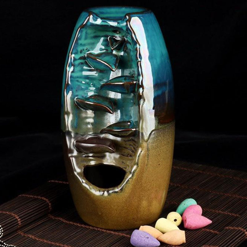 Ceramic Backflow Incense Burner with Smoke Waterfall Effect and 50 Cones
