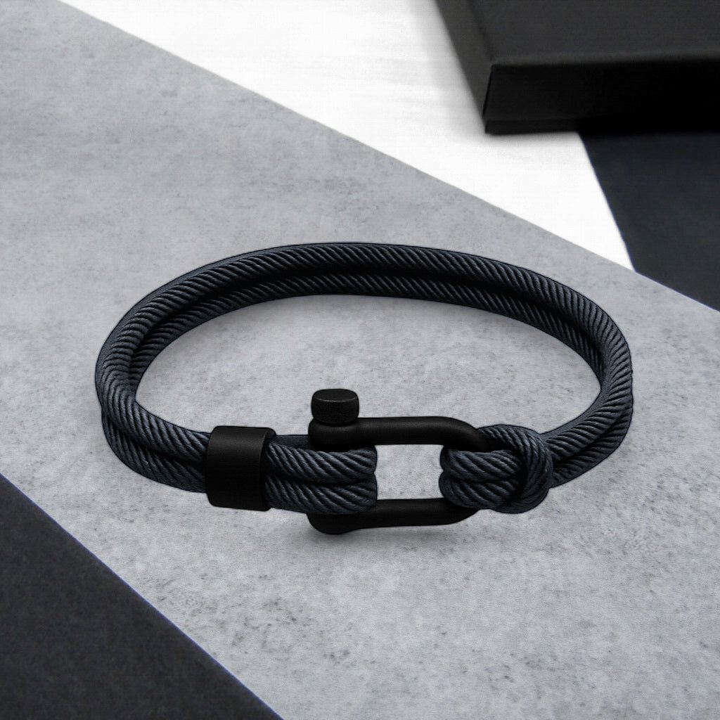 Men's Nautical Double Strand Black Matt D-Shackle & Rope Bracelet