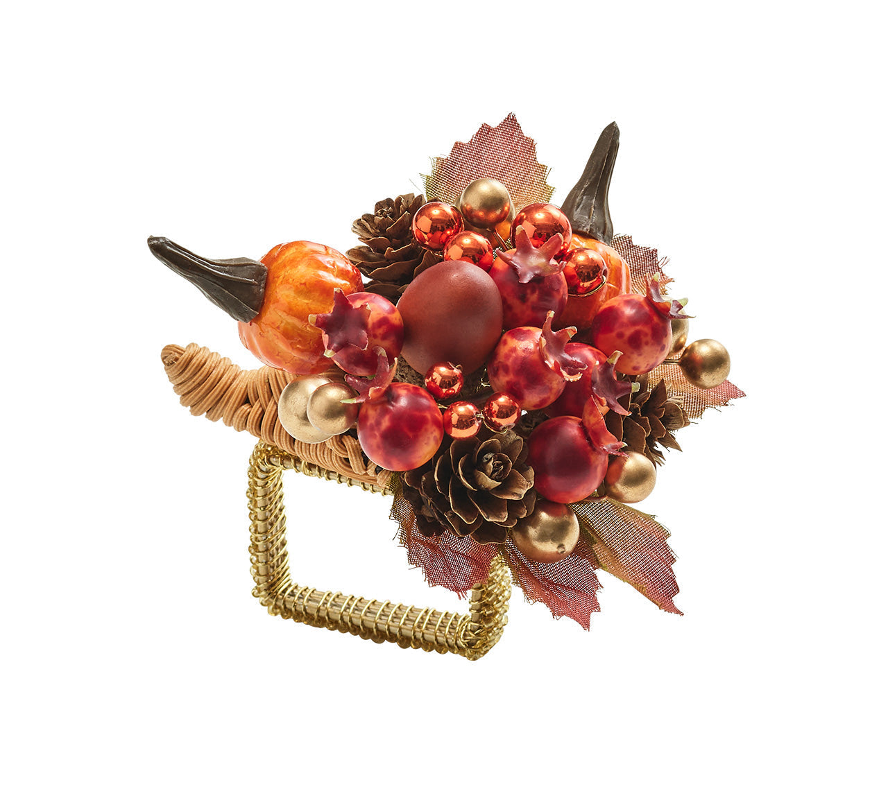 Harvest Cornucopia Napkin Ring with Berries and Pumpkins, Set of 4