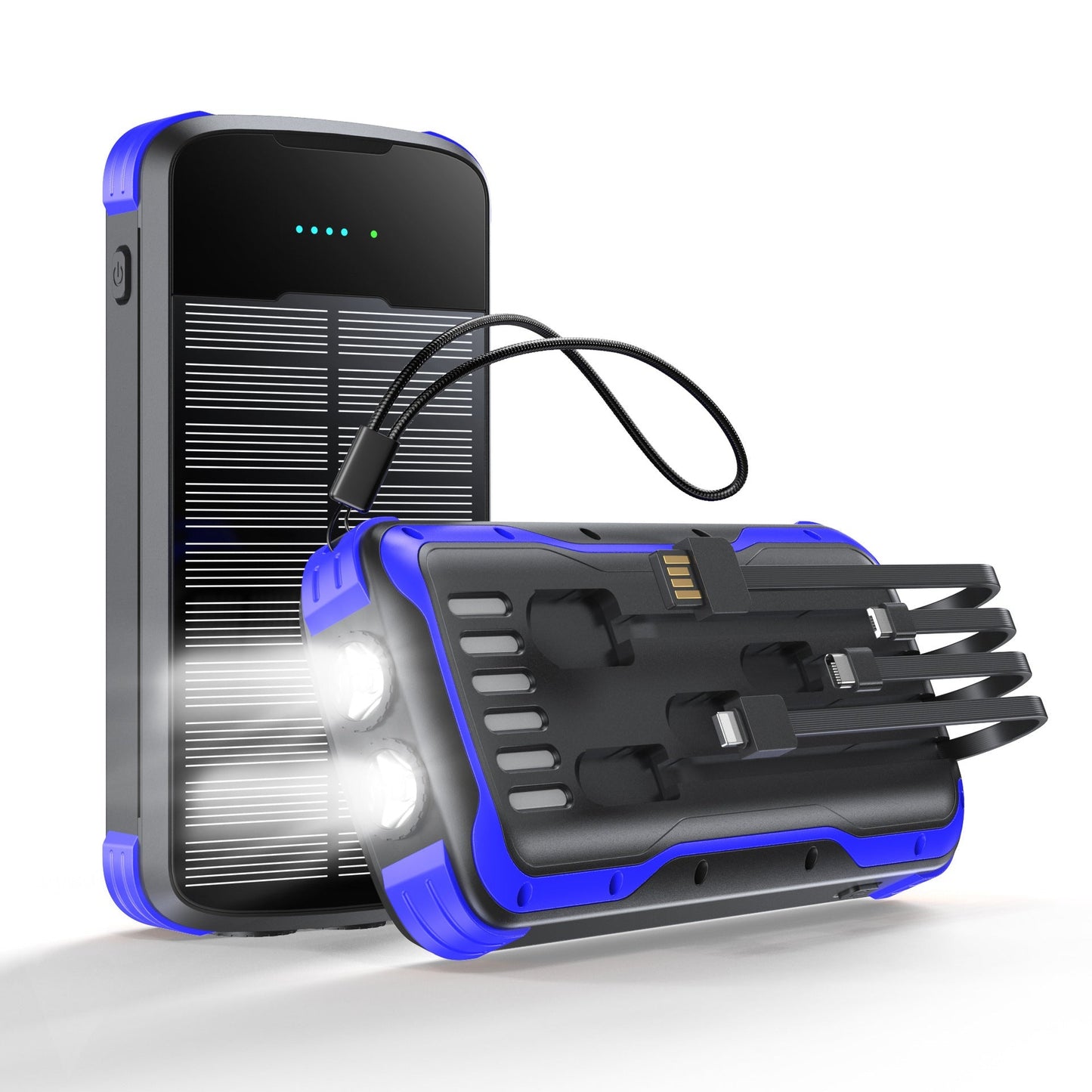 Solar Power Bank with Built In Multi-Tip Cables and LED Floodlight for Outdoor Charging
