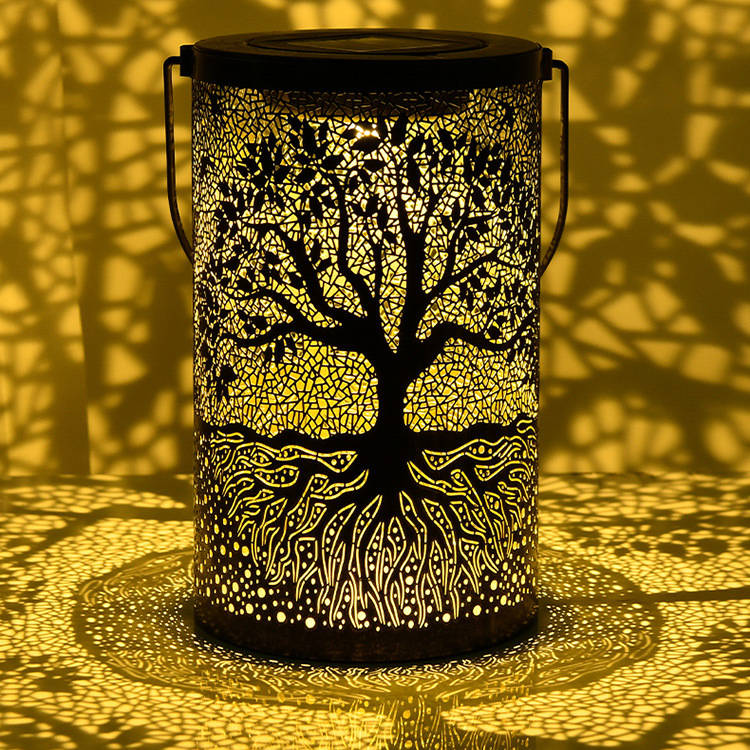 Wrought Iron Tree Solar Lamp, Outdoor Courtyard Hanging Light with Hollow Decorative Design for Garden and Patio Decor