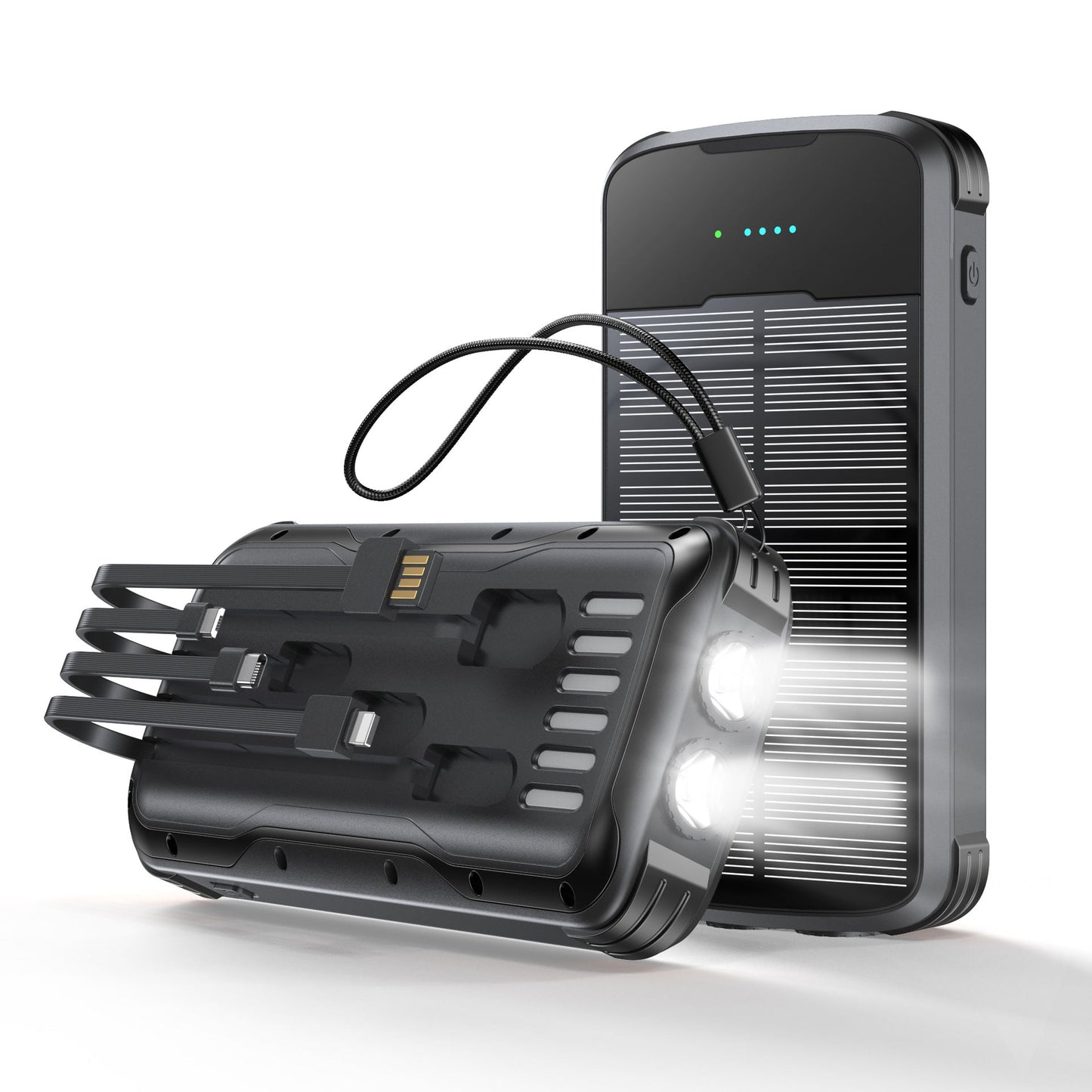 Solar Power Bank with Built In Multi-Tip Cables and LED Floodlight for Outdoor Charging