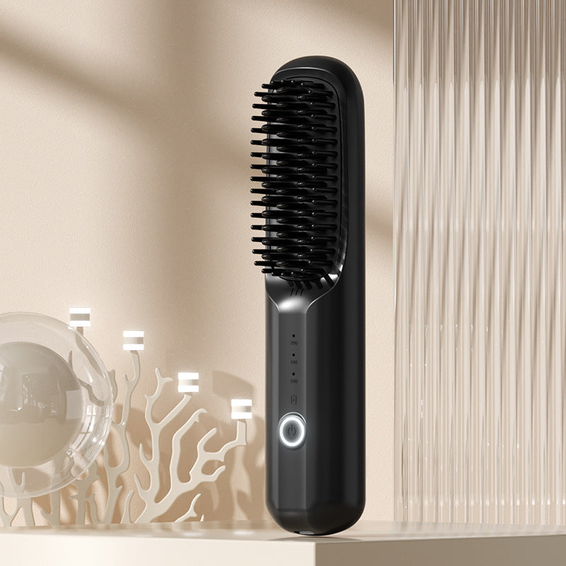 Rechargeable Hair Straightener Brush with Ceramic Teeth and Ion Release, Travel Pouch