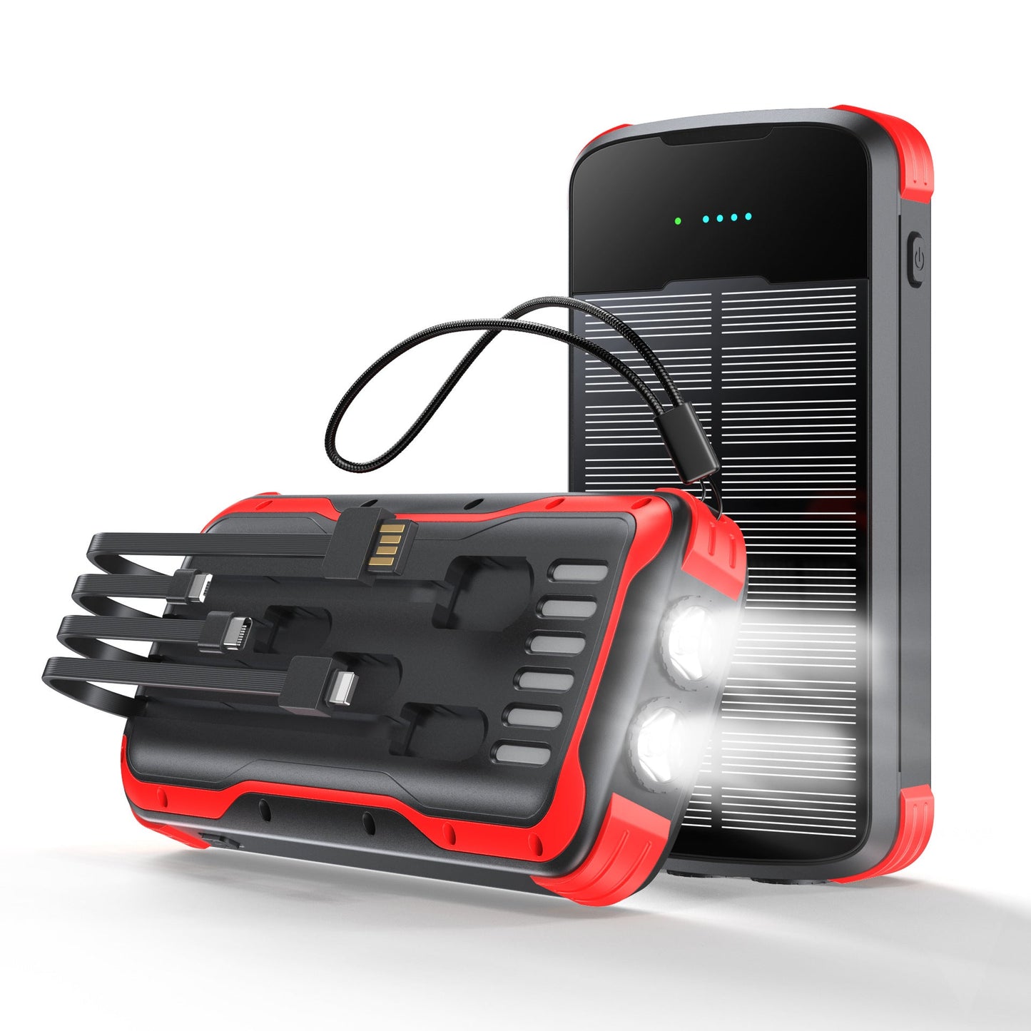 Solar Power Bank with Built In Multi-Tip Cables and LED Floodlight for Outdoor Charging