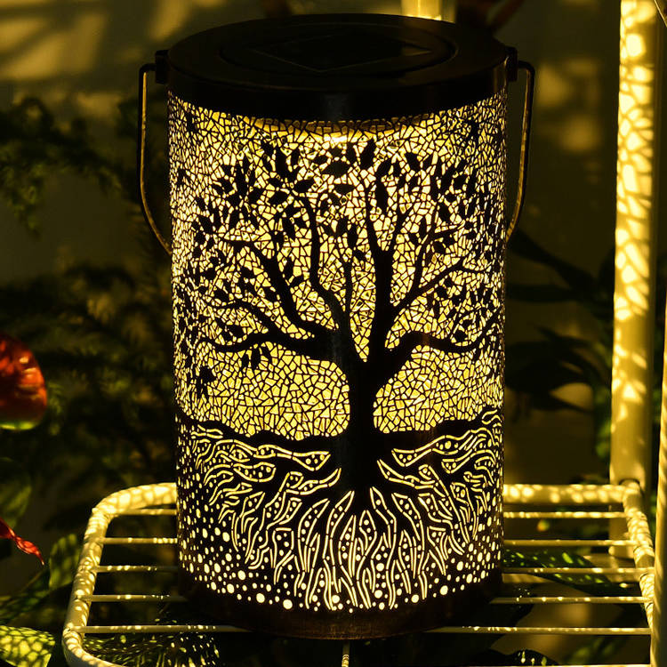 Wrought Iron Tree Solar Lamp, Outdoor Courtyard Hanging Light with Hollow Decorative Design for Garden and Patio Decor