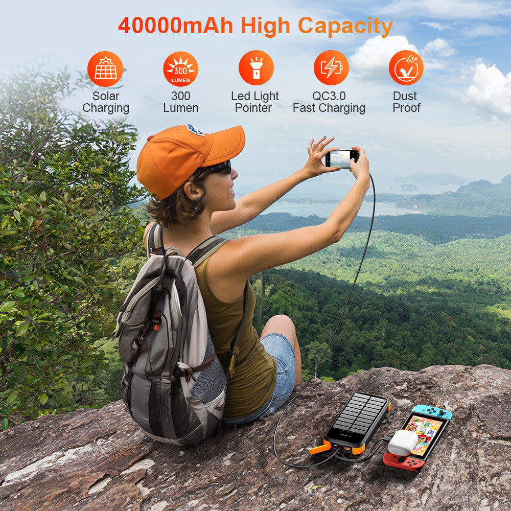Solar Power Bank with Built In Multi-Tip Cables and LED Floodlight for Outdoor Charging