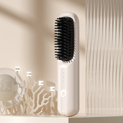 Rechargeable Hair Straightener Brush with Ceramic Teeth and Ion Release, Travel Pouch