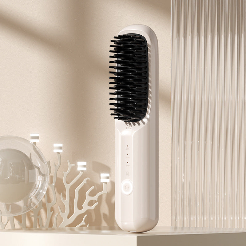 Rechargeable Hair Straightener Brush with Ceramic Teeth and Ion Release, Travel Pouch