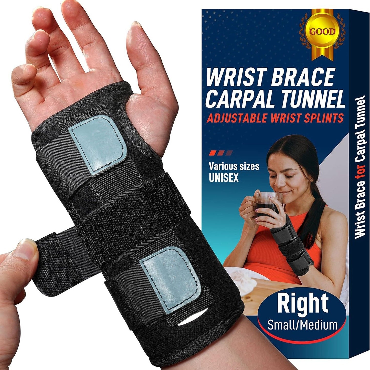 Wrist Brace with Removable Aluminum Stay and Side Splints, Three Adjustable Straps