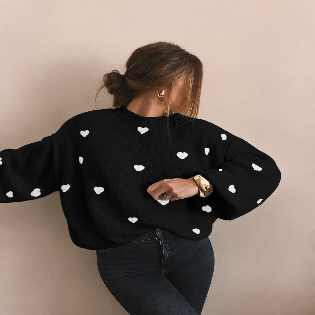 Oversized Pullover Sweater with Embroidered Hearts and Puff Sleeves