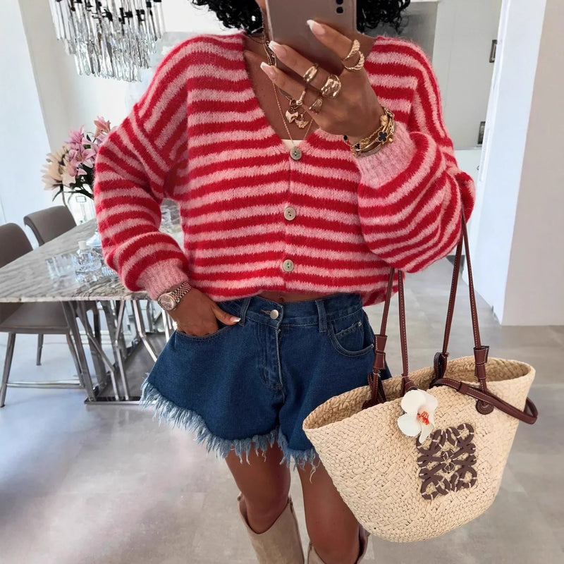Oversized Striped V-Neck Women's Cardigan - Vicky