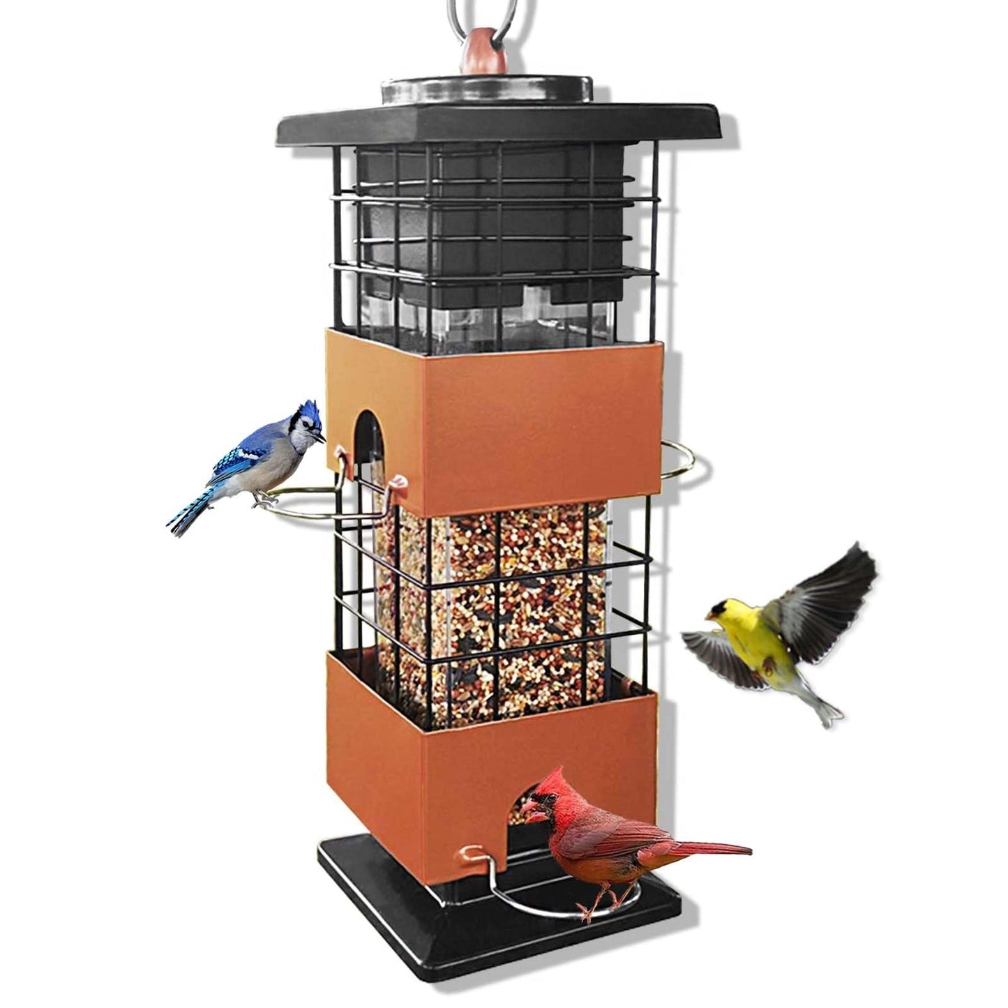 Squirrel Proof Metal Mesh Bird Feeder, Hanging Weatherproof Feeder with Perch and Multiple Ports, 2.5 lb Seed Capacity for Outdoor Bird Watching