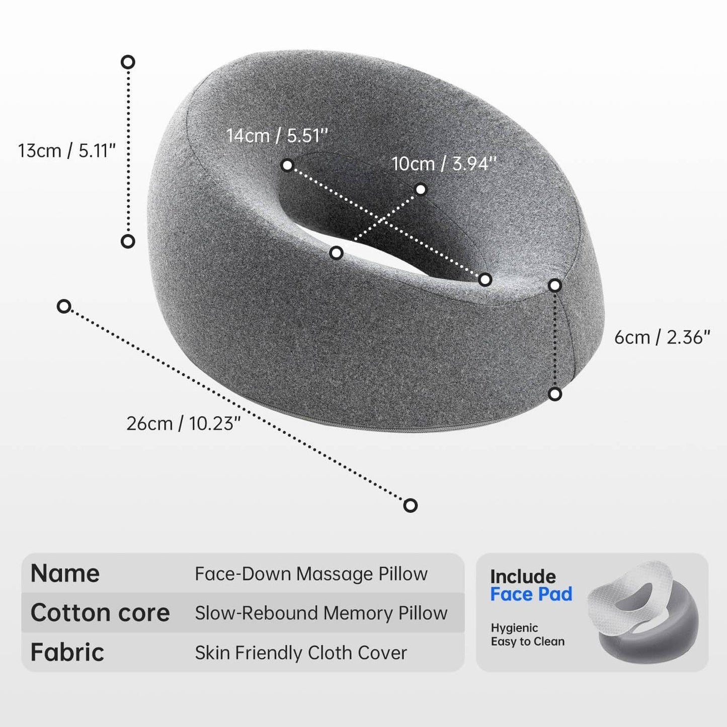 Face Down Pillow for Massage Table, Adjustable Face Pillow for Bed and Stomach Sleeping with Removable Gray Cover