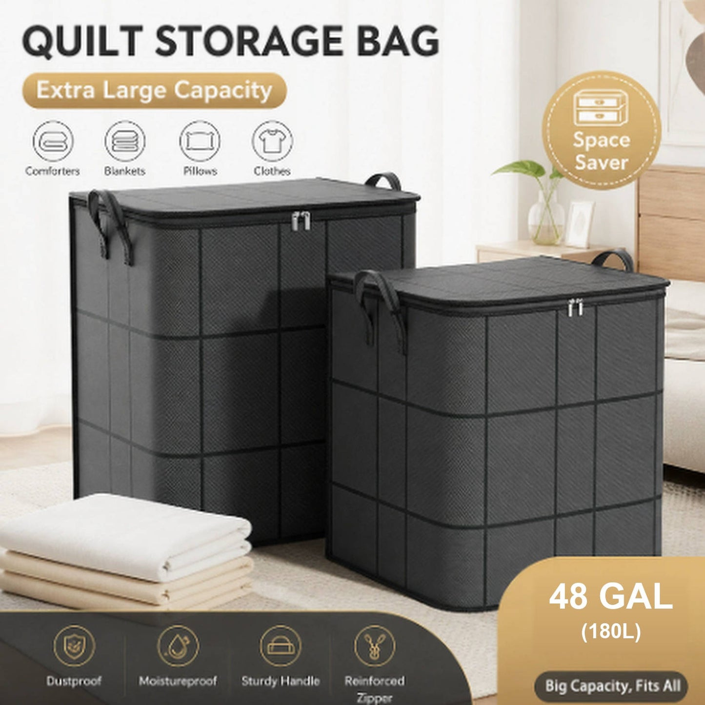 Large Fabric Storage Bag, High Capacity Zipper Organizer for Bedding Linens Clothes and Apparel, Closet Storage and Moving