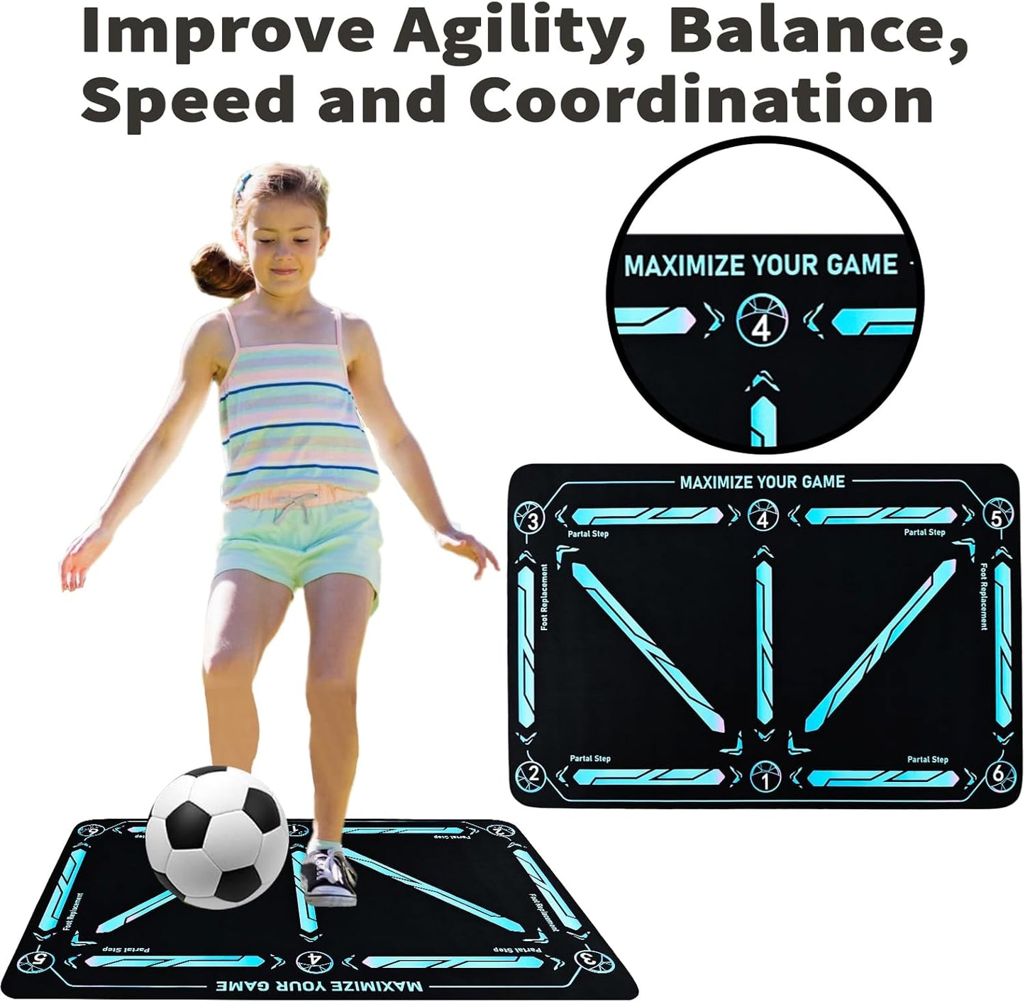Soccer Training Mat with Numbered Grid and Elastic Cord for Footwork Drills