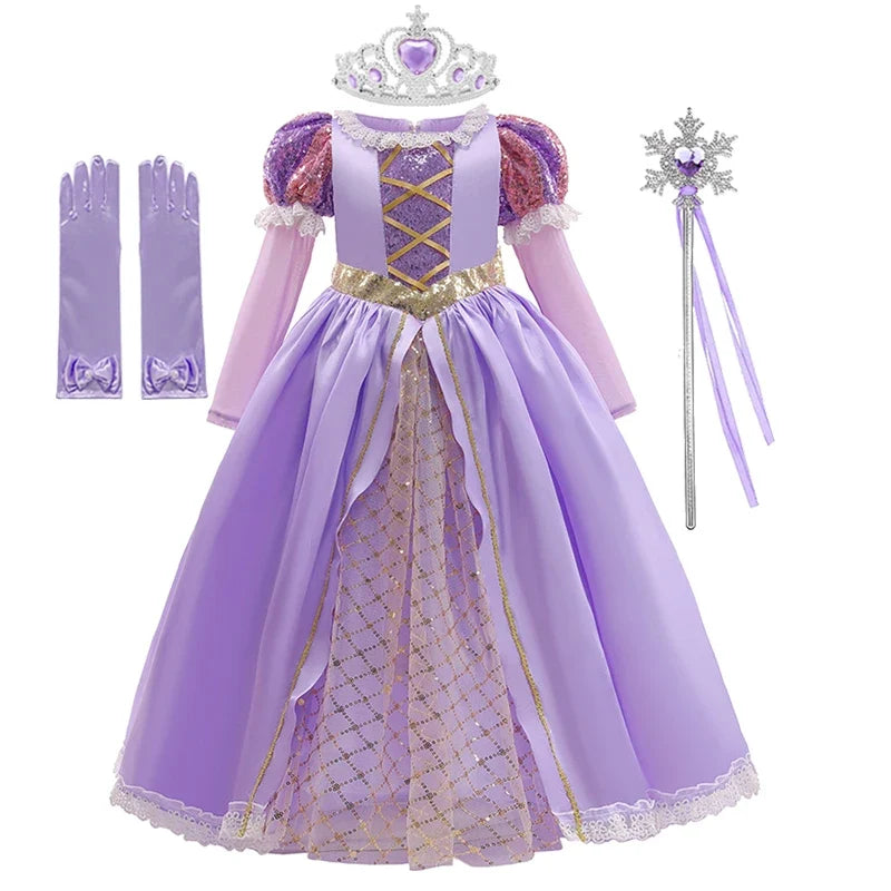 Girls Ball Gown Dress with Puff Sleeves and Applique Detailing, Mid Calf Length