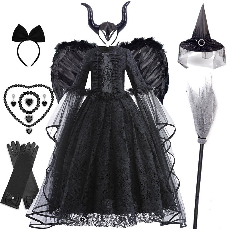 Girls Evil Queen Cosplay Dress with Lace Ruffle Details and Mid Calf Length, Ages 4-6