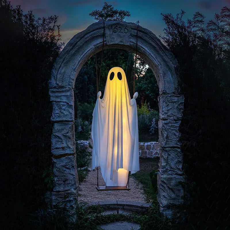Outdoor Ghost Swing with String Lights and Wooden Seat for Halloween Porch Display