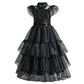 Girls Black Layered Cake Gown with Mesh Details and Mid Calf Length