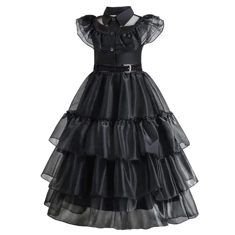 Girls Black Layered Cake Gown with Mesh Details and Mid Calf Length