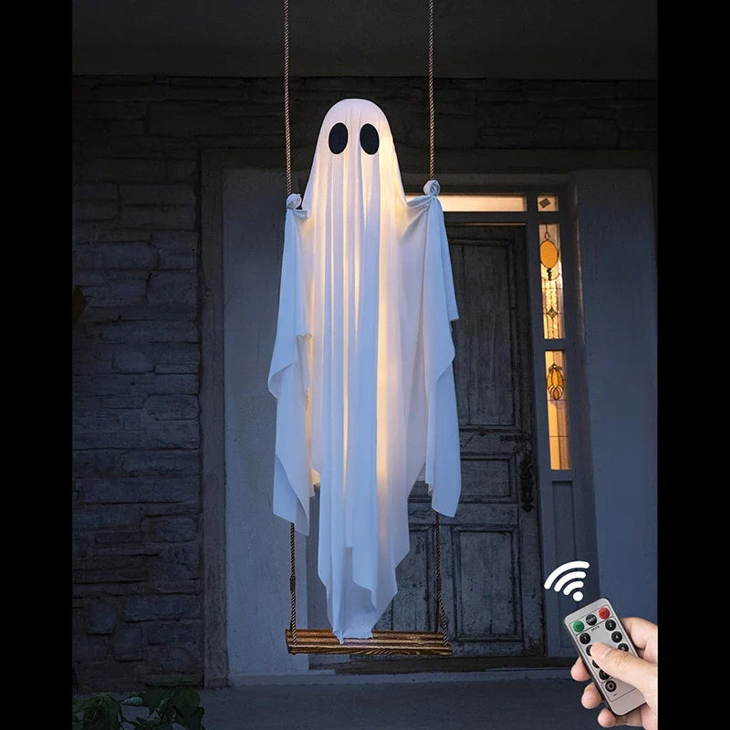 Outdoor Ghost Swing with String Lights and Wooden Seat for Halloween Porch Display