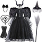 Girls Evil Queen Cosplay Dress with Lace Ruffle Details and Mid Calf Length, Ages 4-6