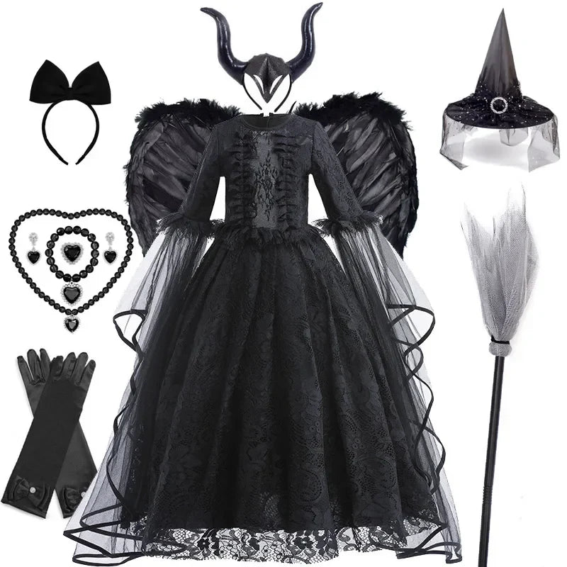 Girls Evil Queen Cosplay Dress with Lace Ruffle Details and Mid Calf Length, Ages 4-6