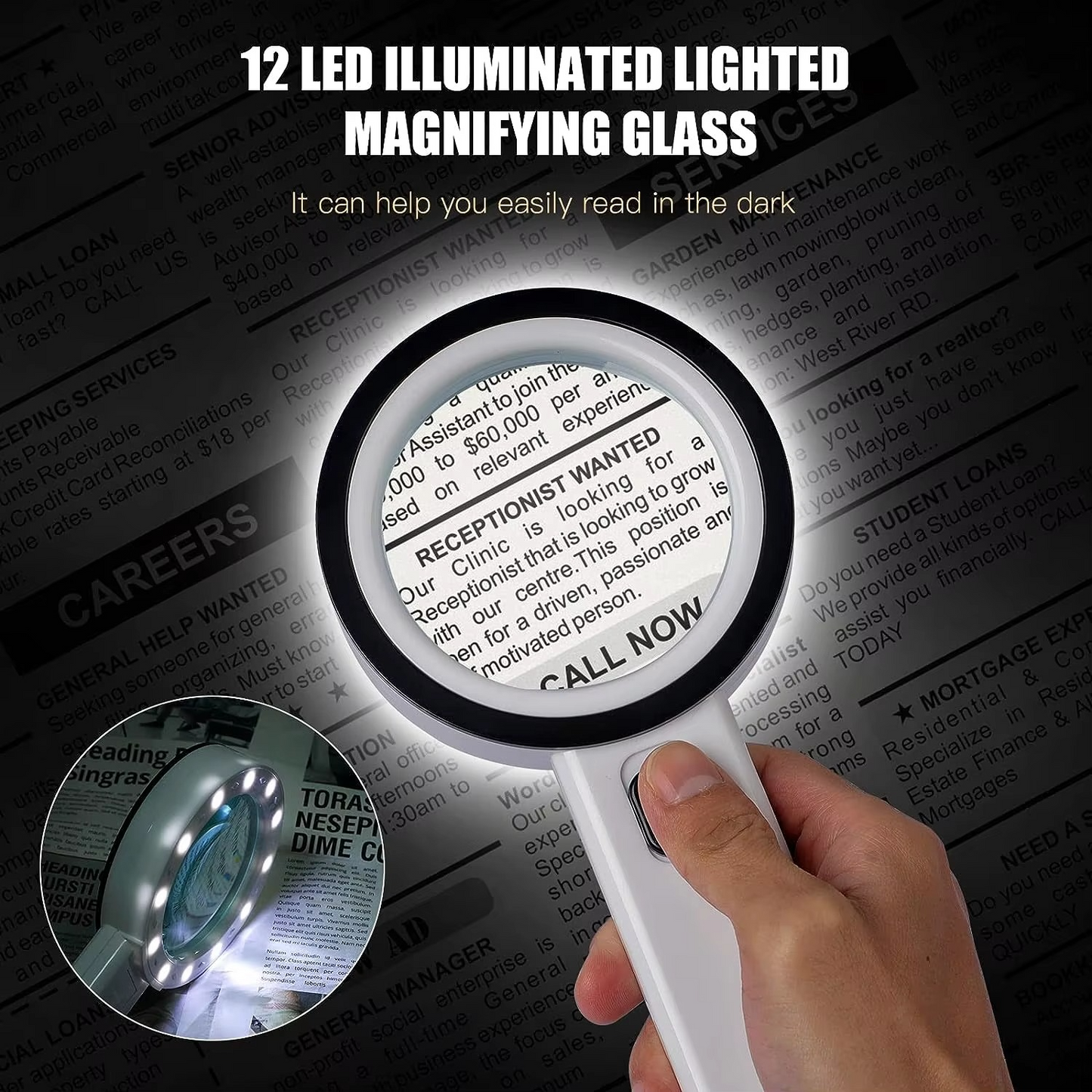 SjBackyard Handheld 30X Optical Magnifying Glass with LED Lights for Reading