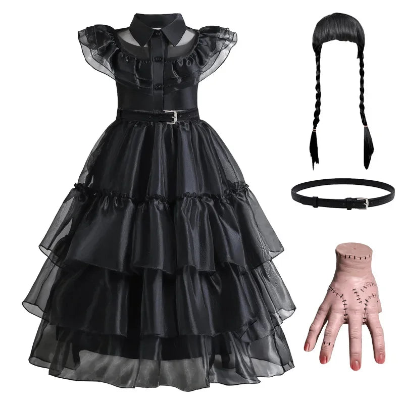 Girls Black Layered Cake Gown with Mesh Details and Mid Calf Length
