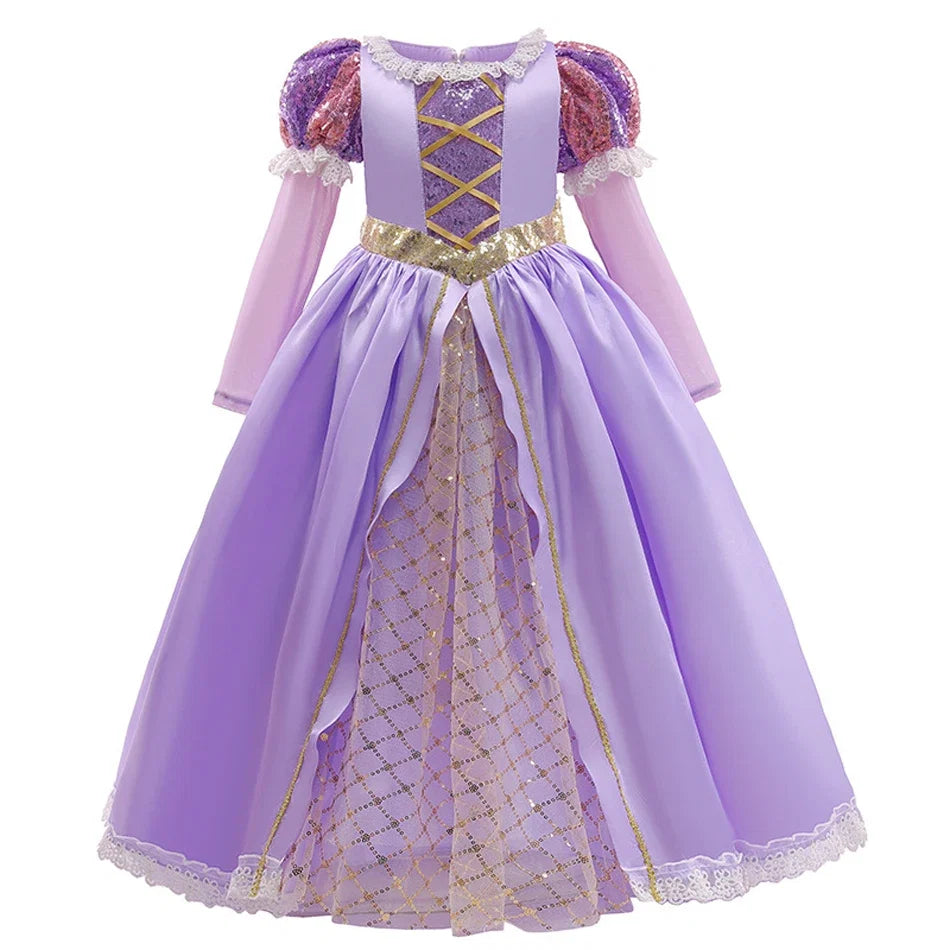 Girls Ball Gown Dress with Puff Sleeves and Applique Detailing, Mid Calf Length