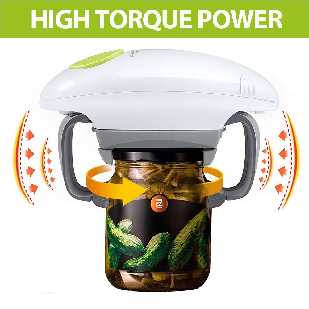 Battery Powered Jar and Can Opener with One Button Operation